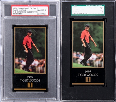 1997-98 Grand Slam Ventures Champions Of Golf The Masters Collection Tiger Woods Pair - PSA NM-MT 8 and SGC MINT 9